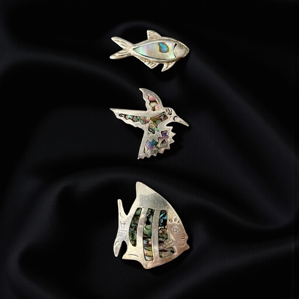 Vintage Mexican Sterling Silver Abalone‎ Brooch Trio Fish & Hummingbird Set of 3